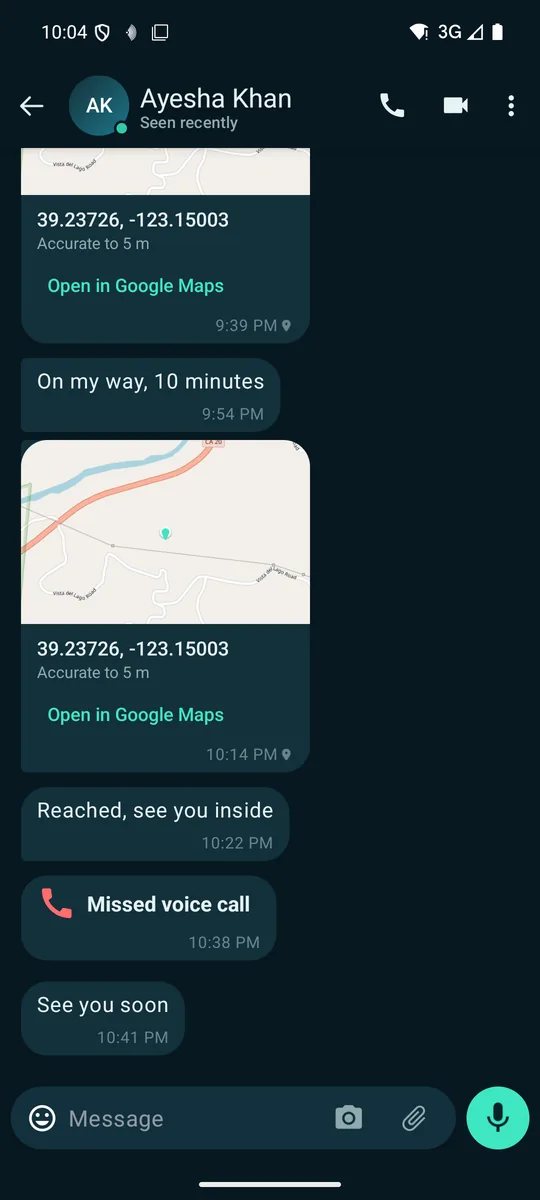 A Sonar Chat conversation with a shared location card