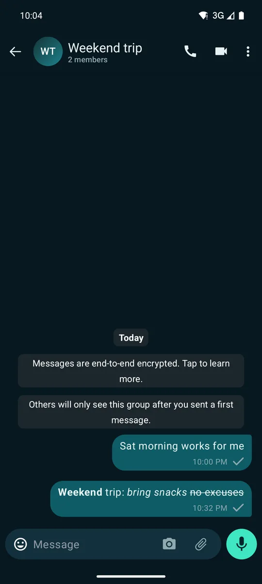Formatted message with bold, italic and strikethrough text