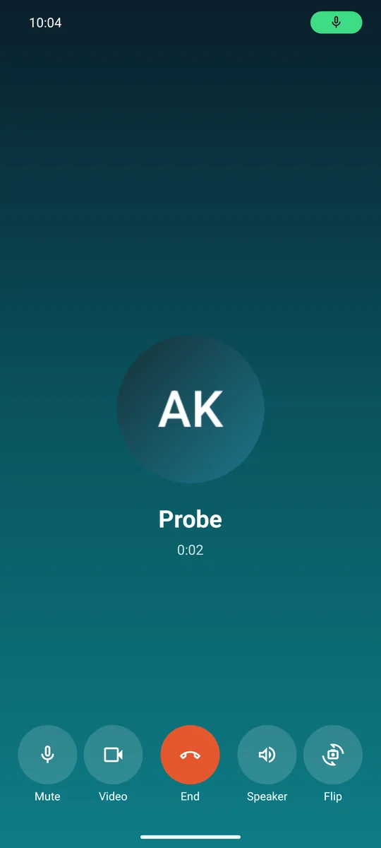 Active voice call with mute, video, end, speaker and flip controls